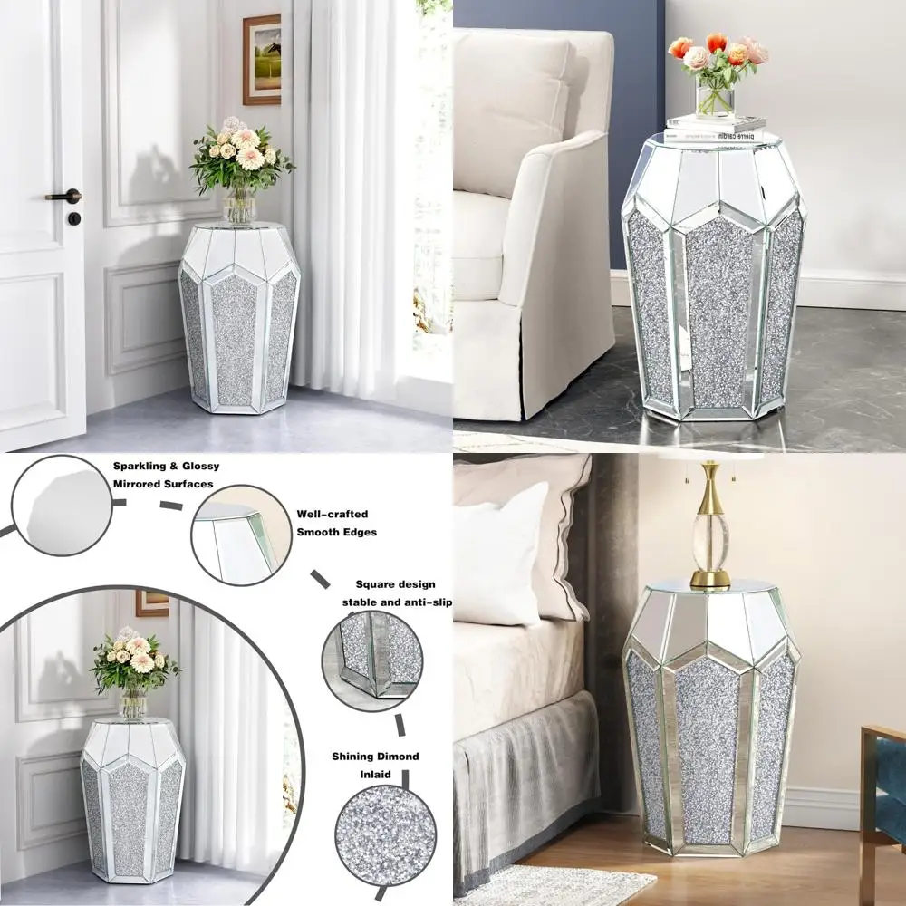 Crystal Diamond Accented Silver Glass End Table, Ideal for Hallway, Living Room, and Coffee Serving
