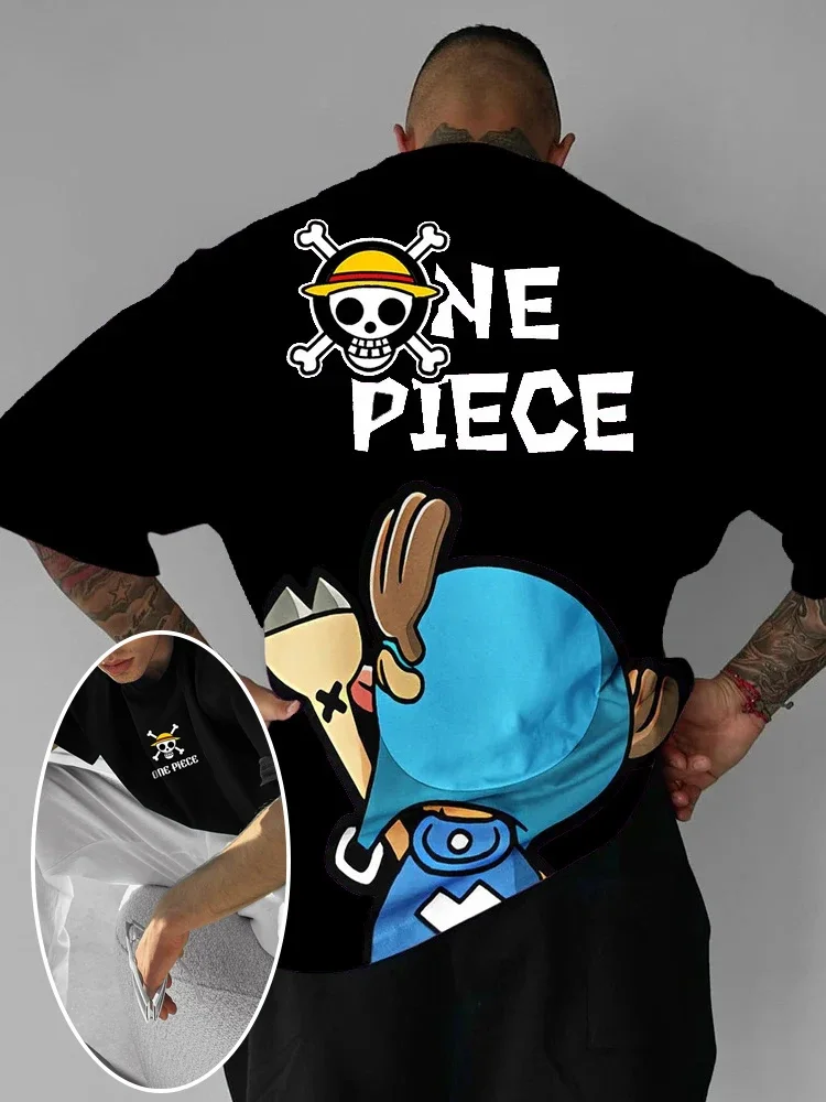 Camiseta de ONE PIECE Luffy, camiseta gráfica de Anime negra para hombre con sombrero de paja y estampado de bandera de calavera, ropa de calle de gran tamaño, figura de Anime