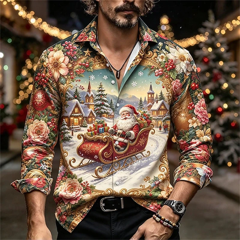 2026 New Men’s Long-Sleeve Christmas Shirt Vintage Floral Santa Claus Print Collared Button-Down Festive Party-Themed Top