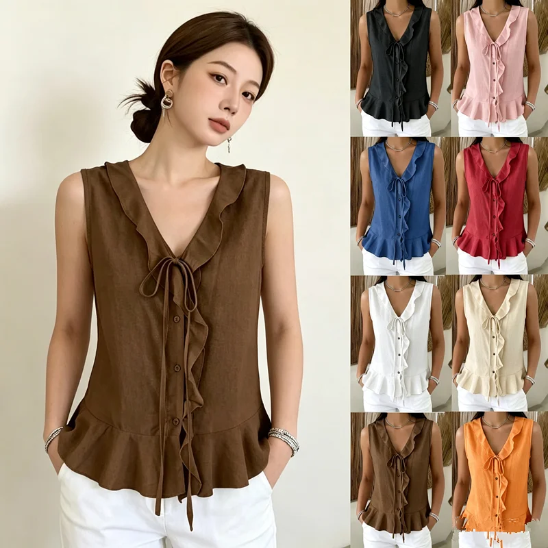 

Fashion Loose Summer V-Neck Ruffle Tie Sleeveless Tank Shirt Sweet Ruffle Hem Casual Women Tops Solid Beach Party Office Blouses