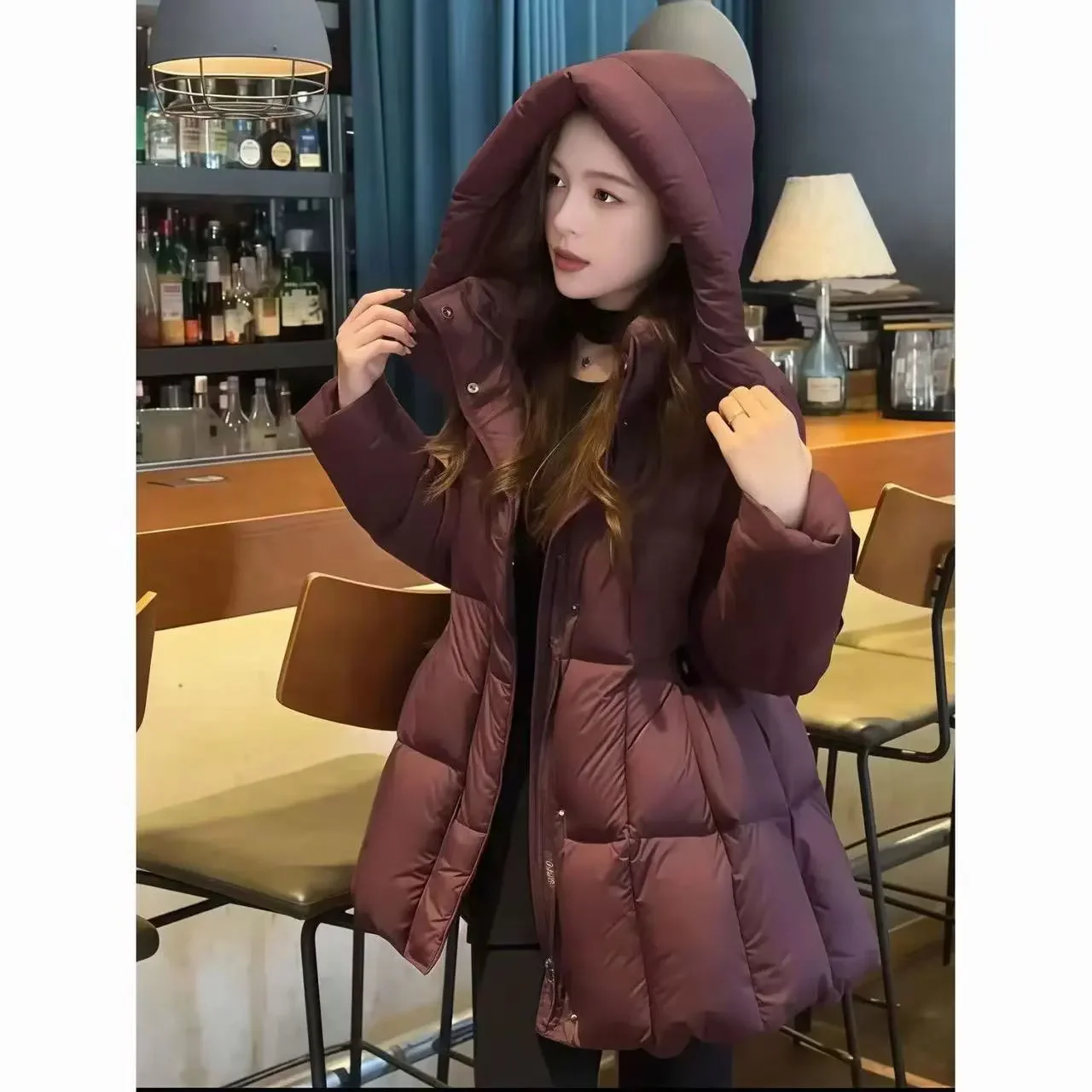 Women Waist Cinched Puffer Coat 2027 Winter Hooded Quilted Down Cotton Jacket Slim Fit Mid Length Warm Parka Female Outerwear