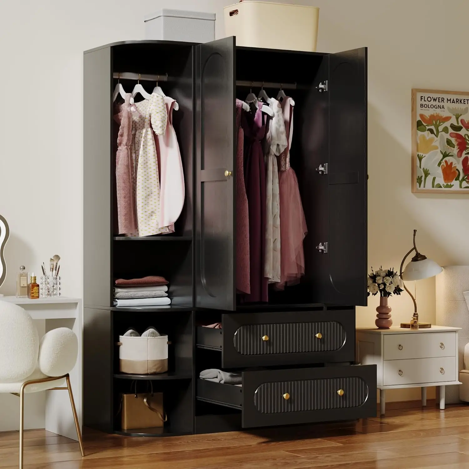 خزانة ملابس سوداء ذات سعة كبيرة مقاس 69 بوصة مع بابين و3 قضبان ودرجين و6 أرفف