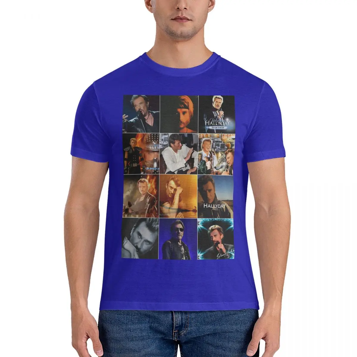 Vintage Johnny Hallyday Photo Collage T-Shirts for Men O Neck 100% Cotton T Shirts Johnny Hallyday Sleeve Tees Printed Clothes