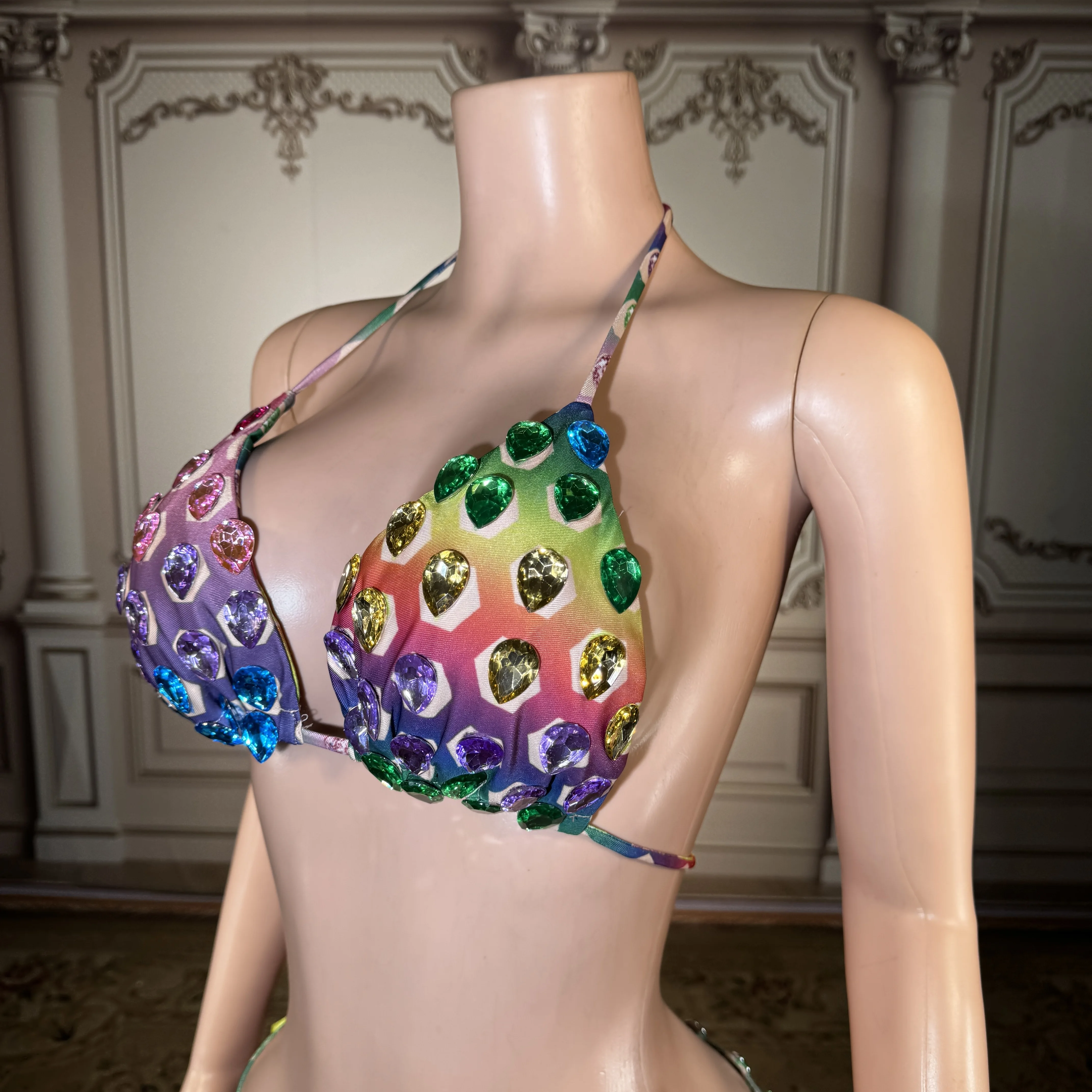 

ZD 2026 New color rhinestone sexy neck hanging tight split swimsuit bikini three-point beach vacation bathing suit plus size