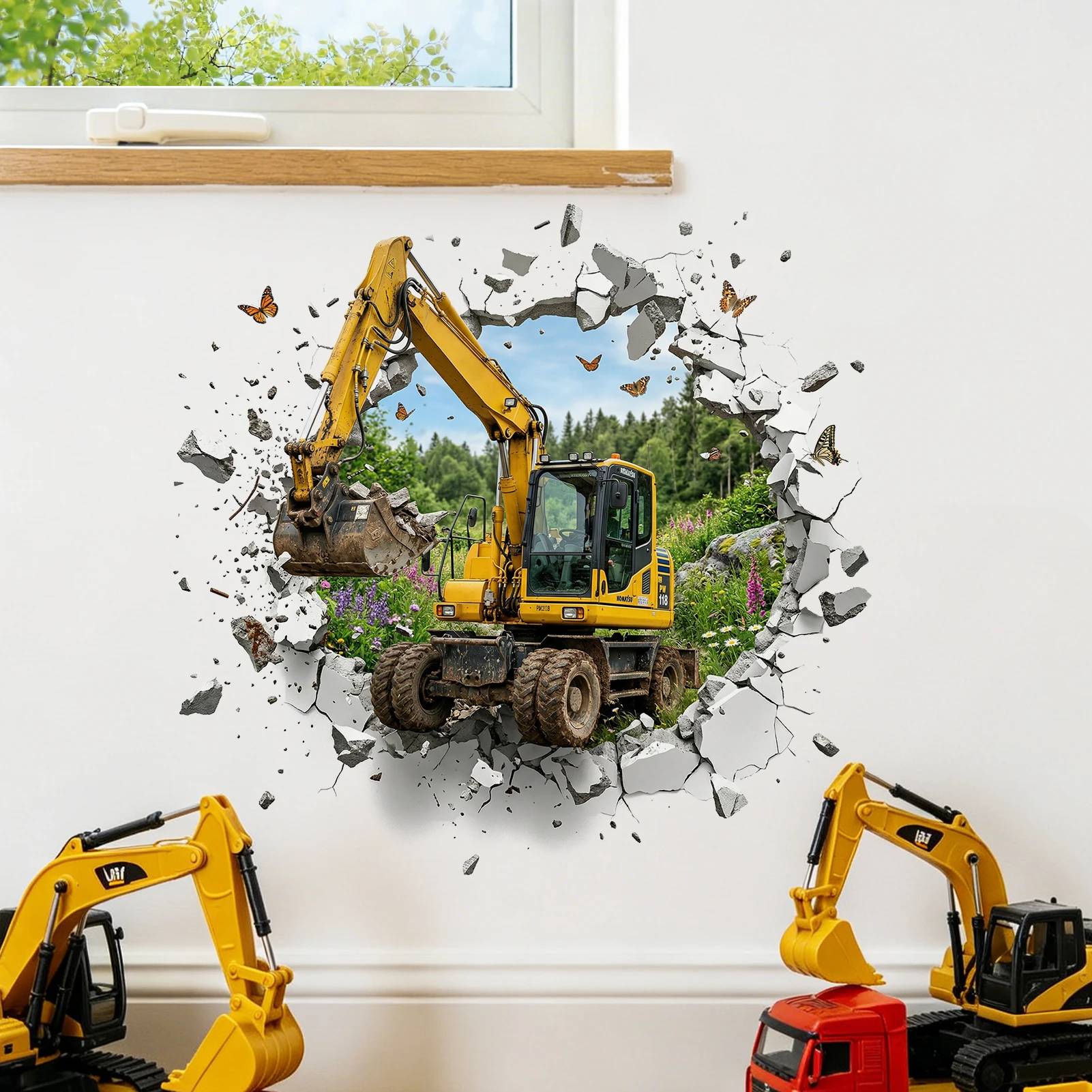 Excavator Wall Stickers, Breaking Through Wall Construction Vehicle Decals, Removable Industrial Home Decor
