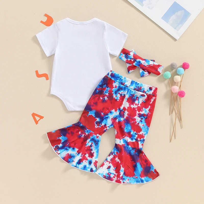 Baby Girls 4th of July Outfits Short Sleeve Romper + Tie-dye Flare Pants + Headband Set Newborn Clothes 0-18Months