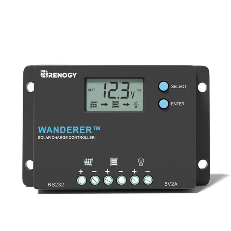 Renogy 10A 12V/24V PWM Negative Ground Solar Charge Controller Compact Design w/LCD Display for AGM, Gel, Flooded and Lithium