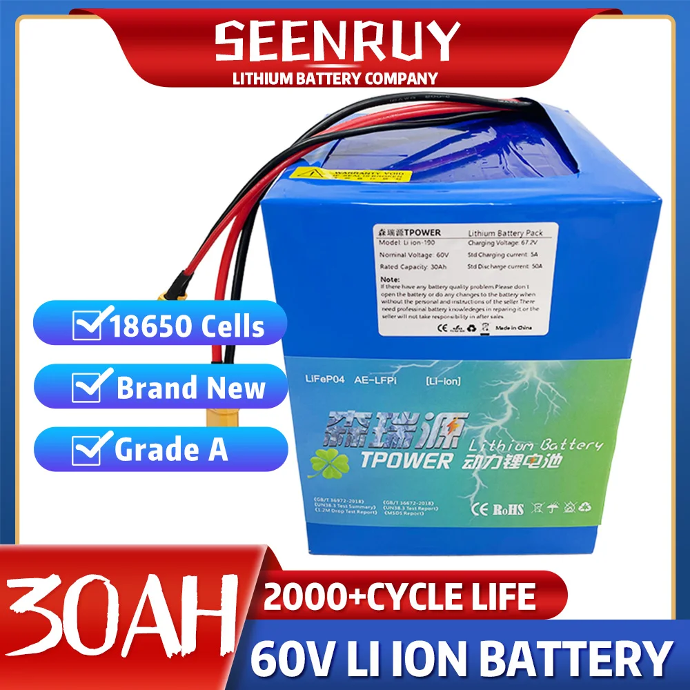 SEENRUY Scooter Battery Pack 60V 30Ah Li-ion Rechargeable 50A BMS High Power Protection Output 30000mAh Bike Replace Directly