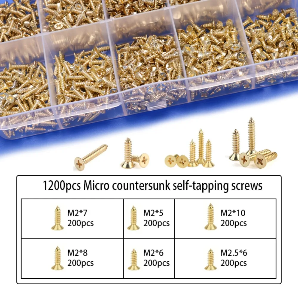 1200 Messing-Blechschrauben, vergoldete M2/M2,5 Schrauben, geeignet für Holzhandwerk und Vintage-Aufbewahrungsboxen