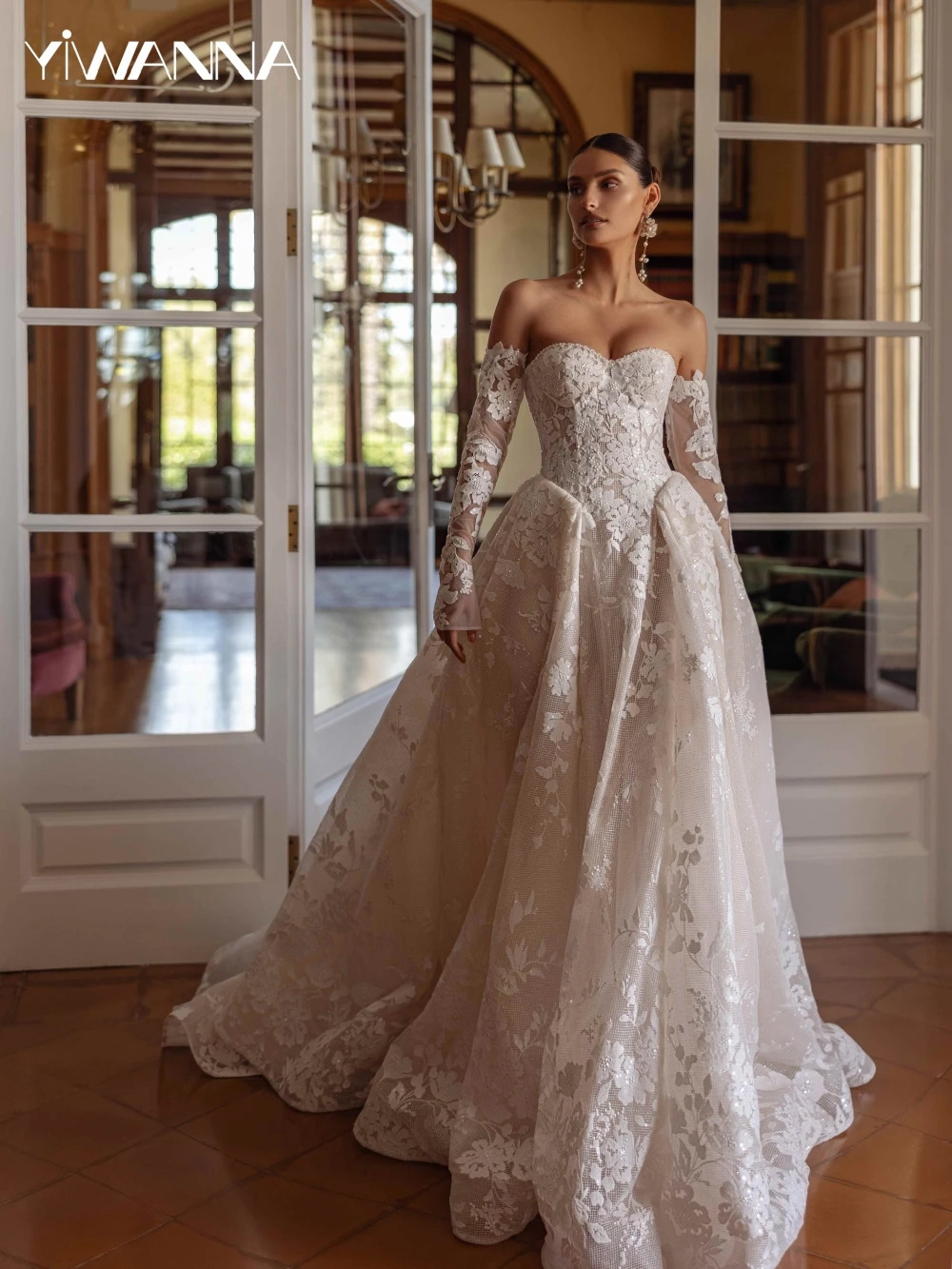 

Detachable Train A-line Long Wedding Dress Sequined Lace Appliques Bridal Gown Elegant Customized Elegant Dresses For Bride