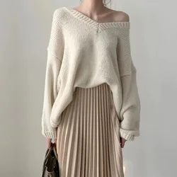 2024 New Spring Fall Knitted 2 Piece Set Apricot Women Sexy V Neck Dot Pullover Sweater + Elastic High Waist Pleated Skirt Suits