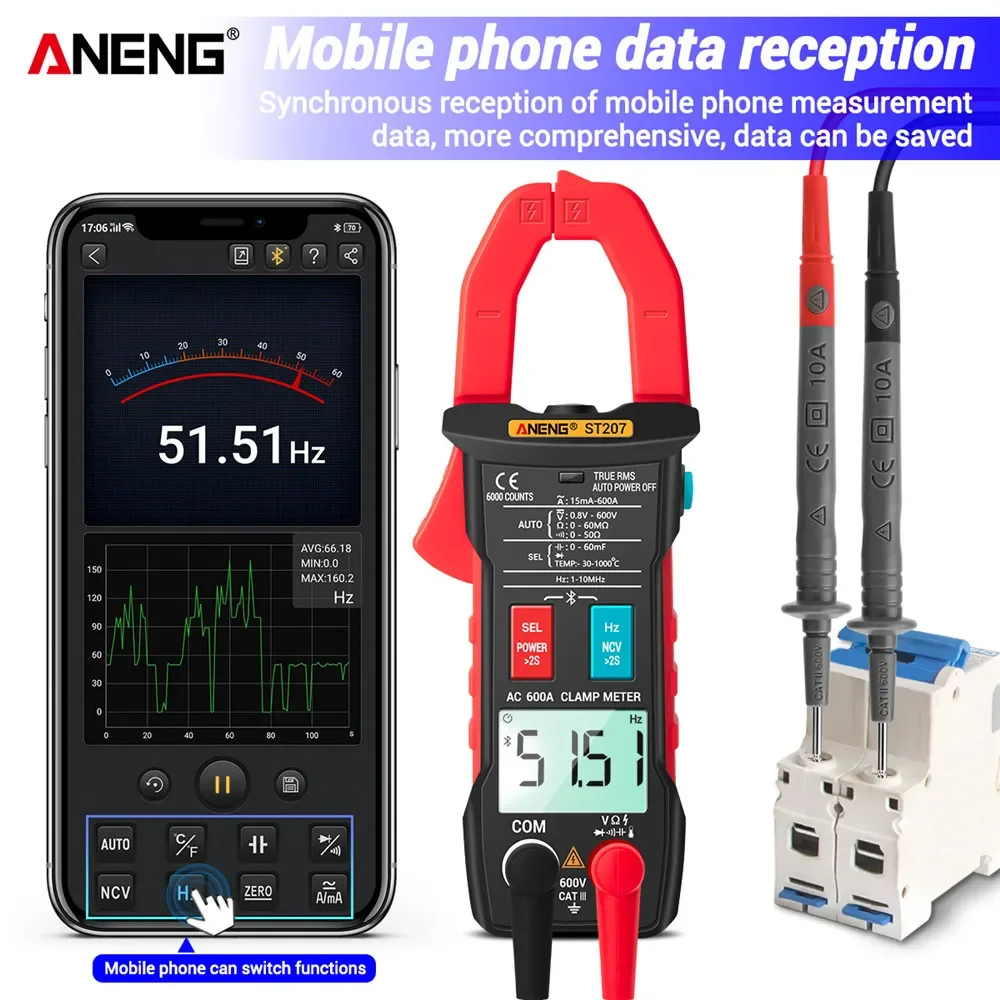 Imagem -02 - Aneng St207 Alicate Amperímetro Bluetooth Recém-atualizado Mini Multimetro Digital ac dc 600v True Rms Clamp Meter Data Show Terrometro Medidor Resistência Alicáte Amperímetro Capacímetr Multimeter Eletricistas