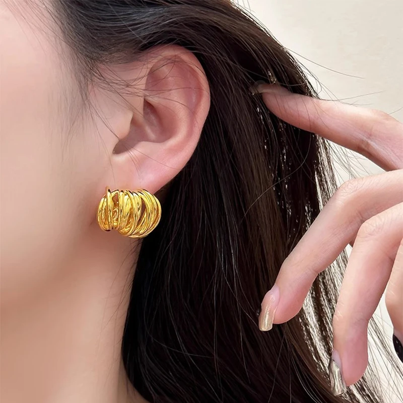 New Trendy Multi-layer Wrap Hollow Lines Circle Earrings for Women Gold Plated Irregular Geometric Earring Statement Jewelry