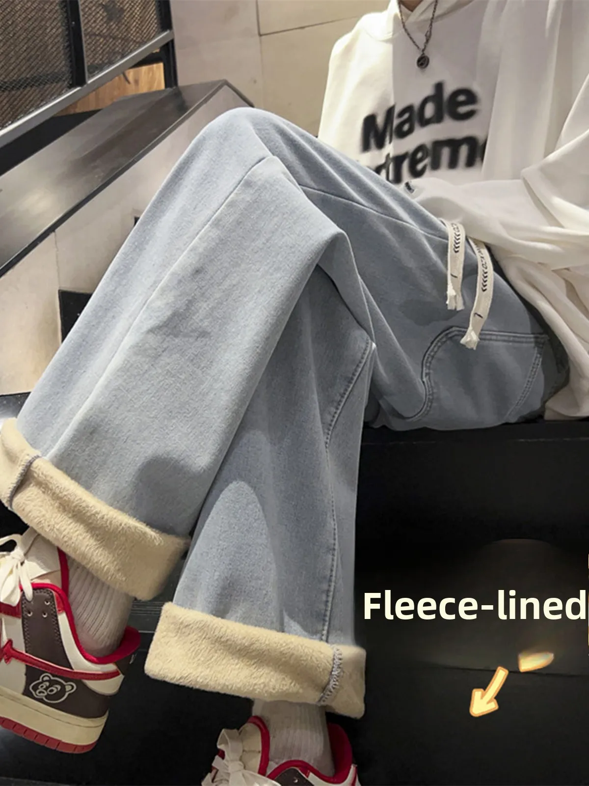 

Men's Fce Lined Loose Straight Leg American Sle High Street Vibe Trendy Casual Long Jeans Autumn Winter Faion