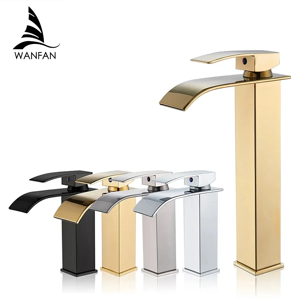 

Gold Basin Faucet Deck Mounted Single Lever Bathroom Crane Waterfall Brass Bathroom Tap Hot Cold Water Mixer Taps 503