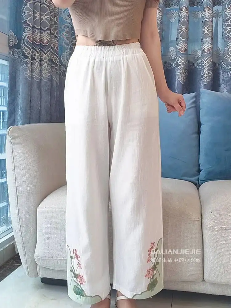 Summer High Waisted Breathable Chinese Casual Pants Women Retro Chinese Style Embroidered Color Blocked Wide Leg Pants CCK0