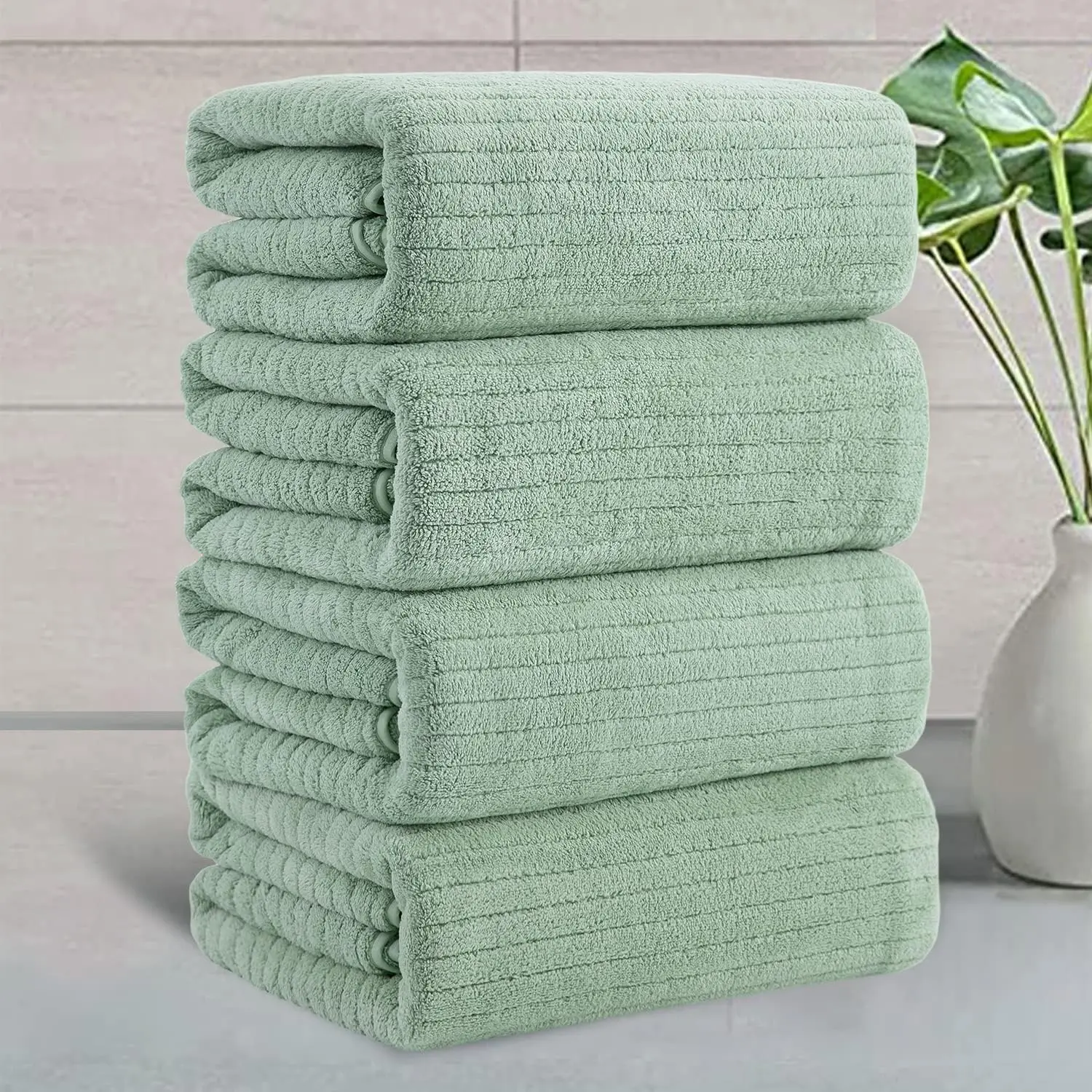 

4 Piece Green Stripe Large Bath Towels Set Oversized Bath Sheet Super Soft Breathable Jumbo Bathroom Towels Highly Absorbent
