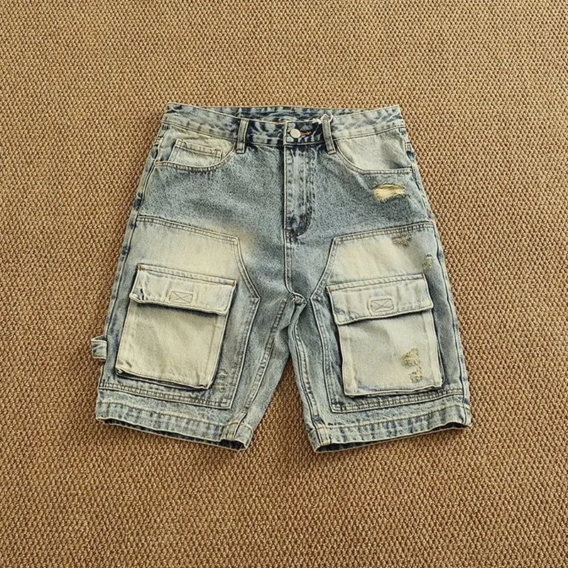 New Summer Fashion Trendy American Retro Multi-pocket Cargo Denim Shorts Men's Casual Loose Fit Sports High Quality Shorts