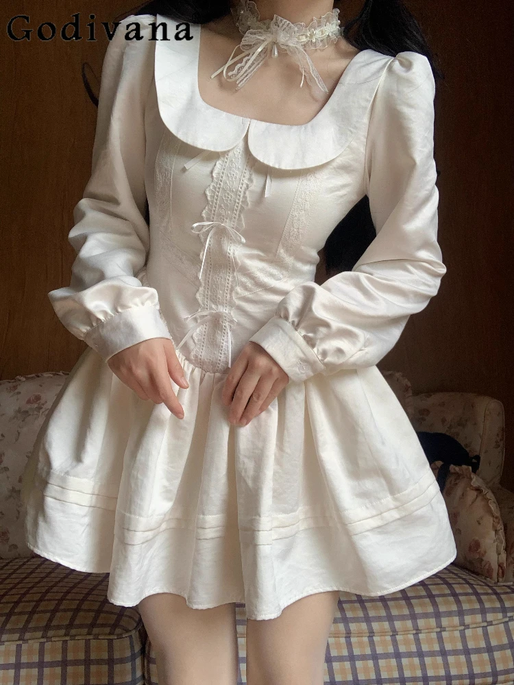 

Large Size Spring Autumn High Waist Sweet Bow Peter Pan Collar Long Sleeve Dress Girl Versatile Age Reduction Princess Dresses