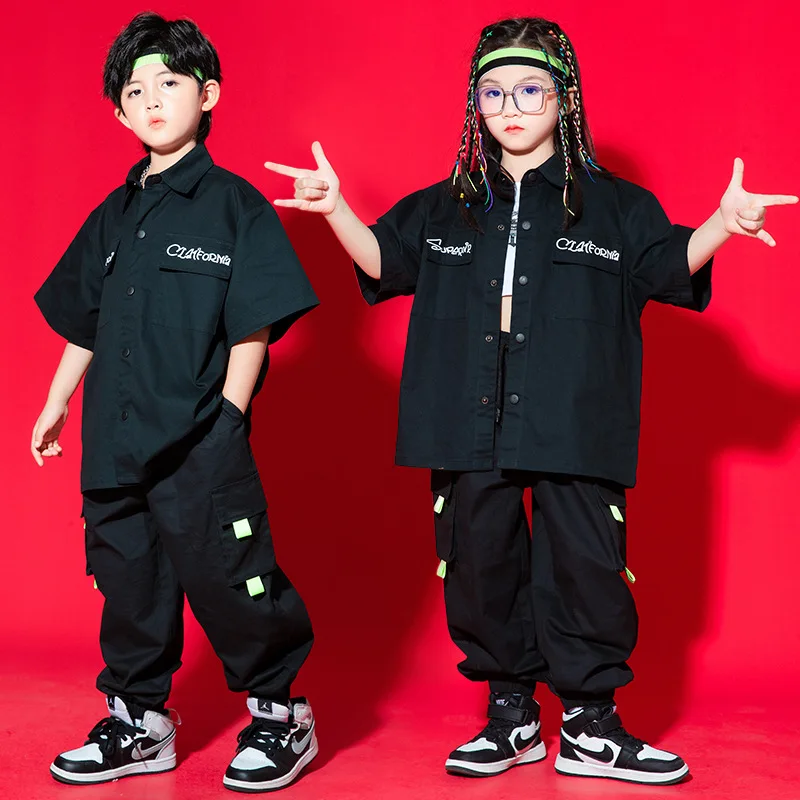 Kid Hip Hop Clothing Black Letters Short Sleeve Shirt Casual Street Cargo Jogger Pants for Girl Boy Jazz Dance Costume Clothes