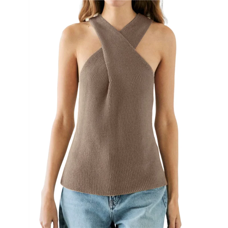 

【SEE】Women Halter Cross- Over Collar Tank Knit Sleeveless Top Solid Color Casual Summer Blouse