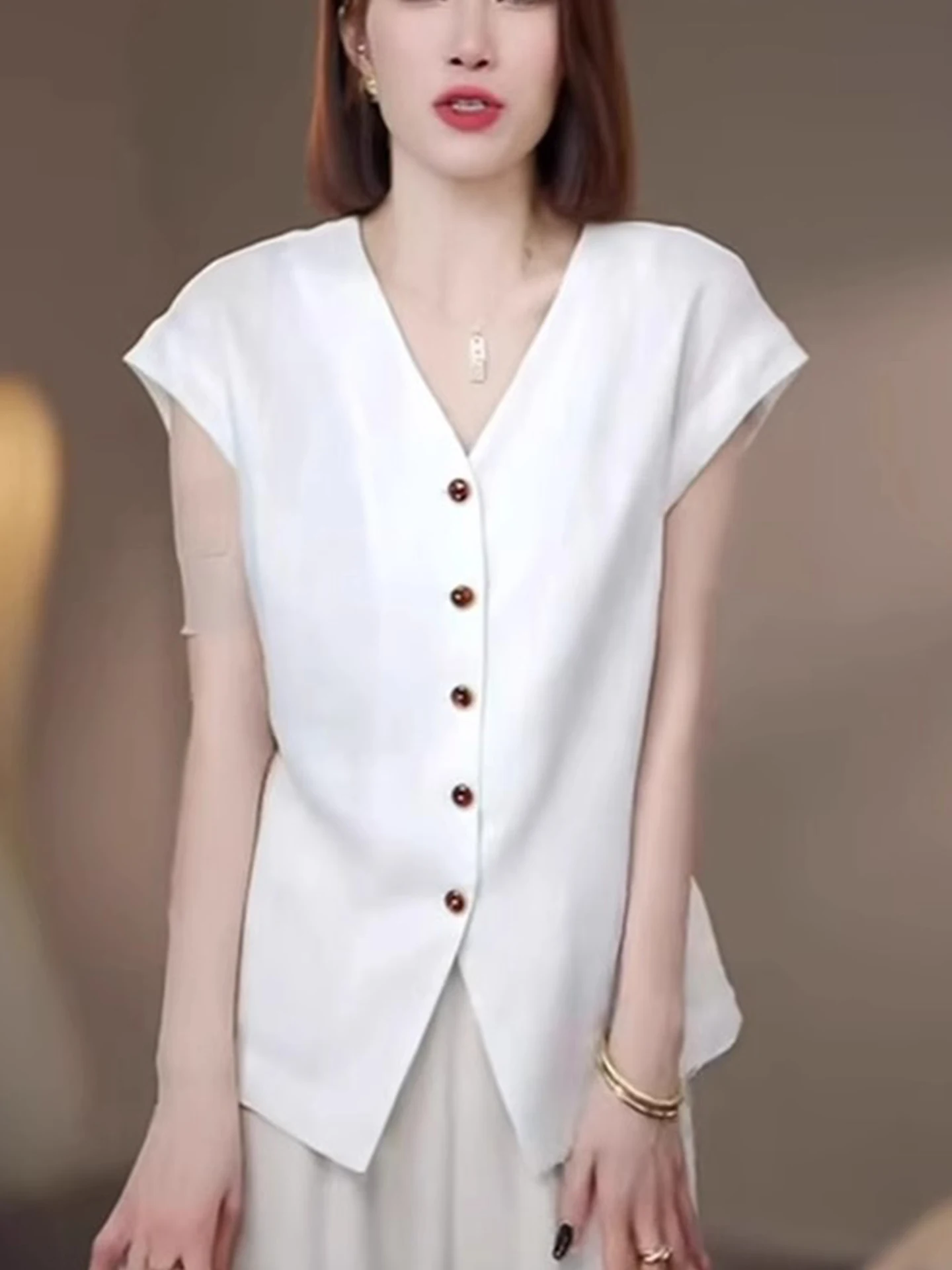 E Csa Casual de Seda para Mujer, Moda de Manga Corta con un Solo Botón, Top de Satén Único y Estiloso para el Veran...