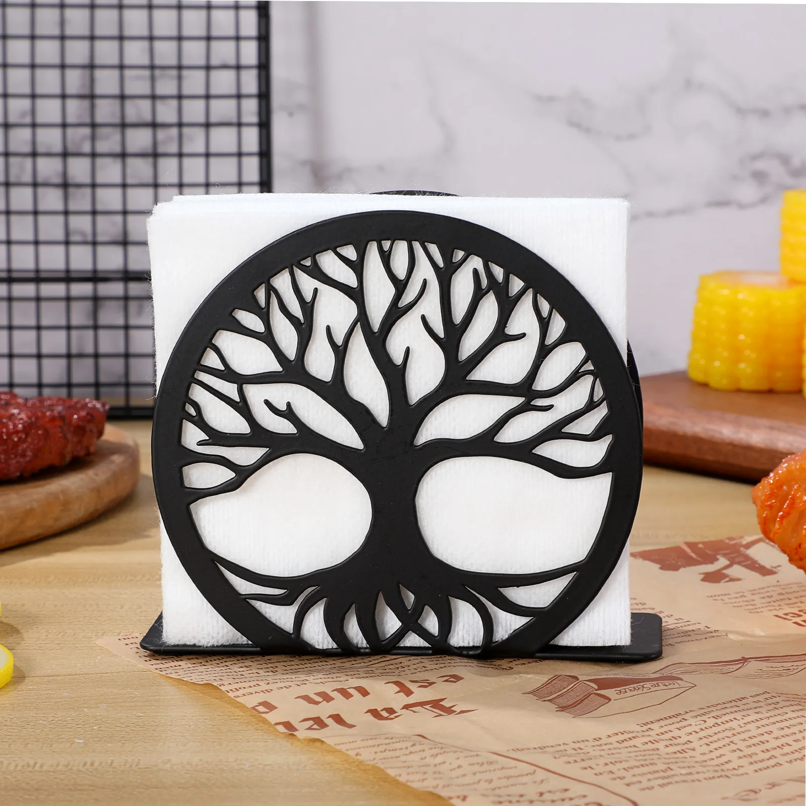 

Stainless Steel Napkin Holder Tabletop Tissue Dispenser Hollow Out Black Tray Design Kitchen Bathroom Decorative Rack