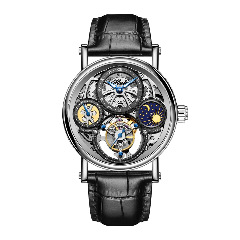 Haofa Skeleton Tourbillon Watch Man Mechanical Hollow Luminous Day and Night Painted Arabic Numerals Carve Luxury Leather 1601