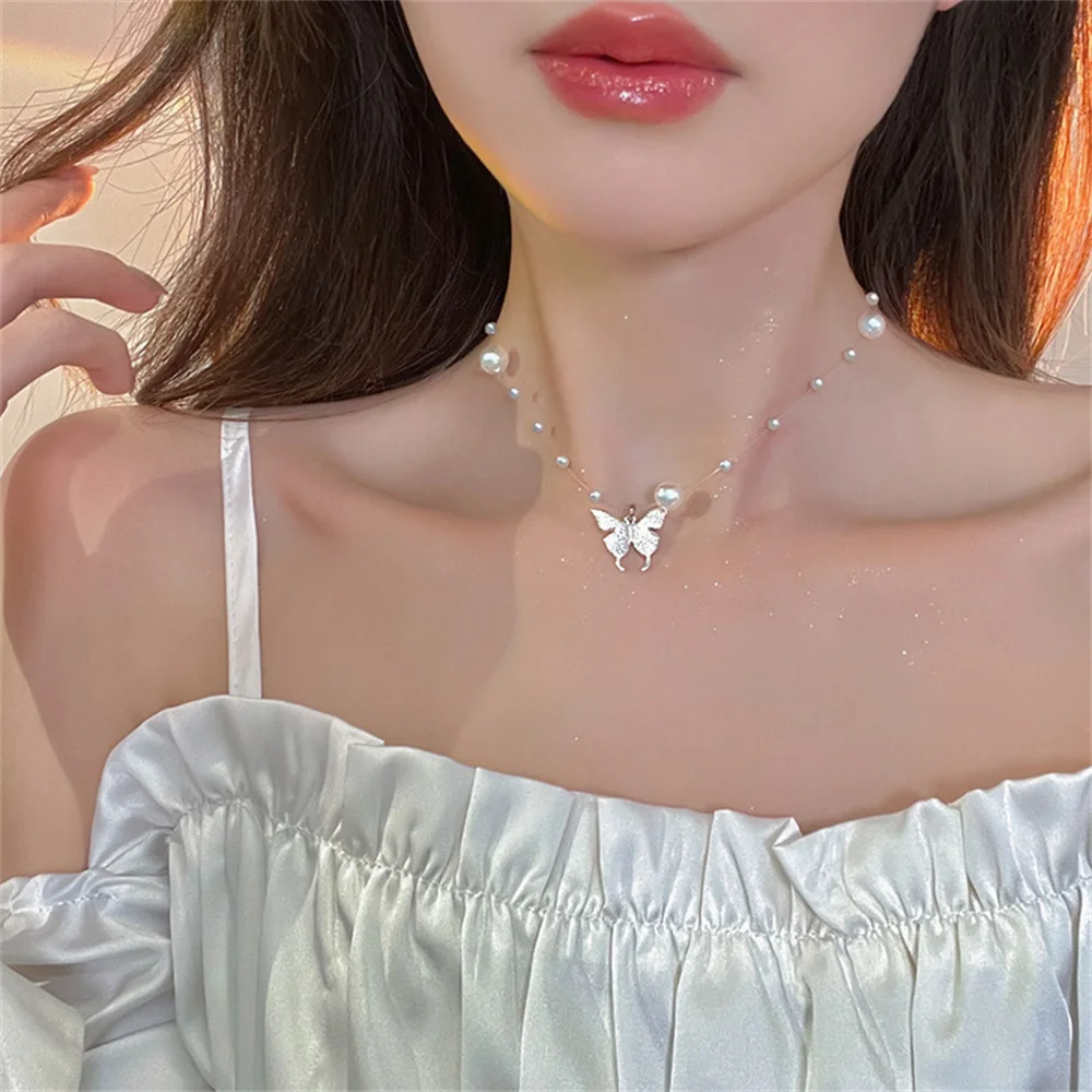 Imitationsperlen-Halskette für Damen, Vintage Silberfarbene Schmetterlings-Choker-Halskette, Modischer Sommerschmuck – Detail 5