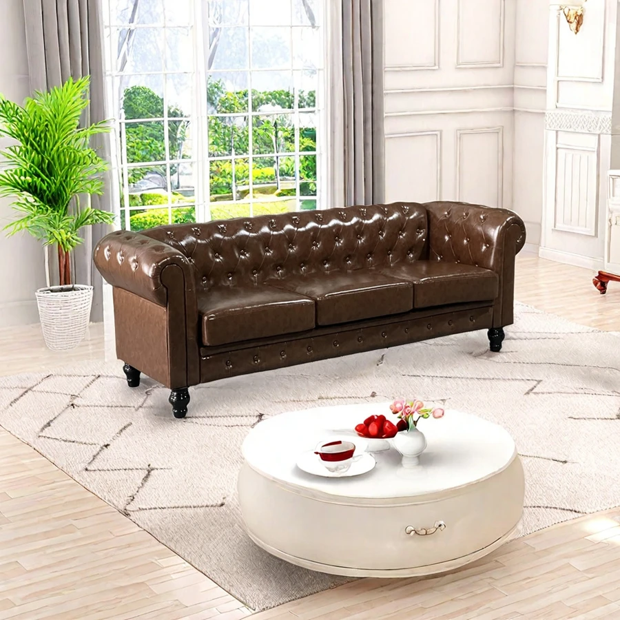 3-Seat Living Room Upholstered Sofa, Modern Sofa Couches Set Style Button Tufted, Pu Sofa For Living Room Apartment