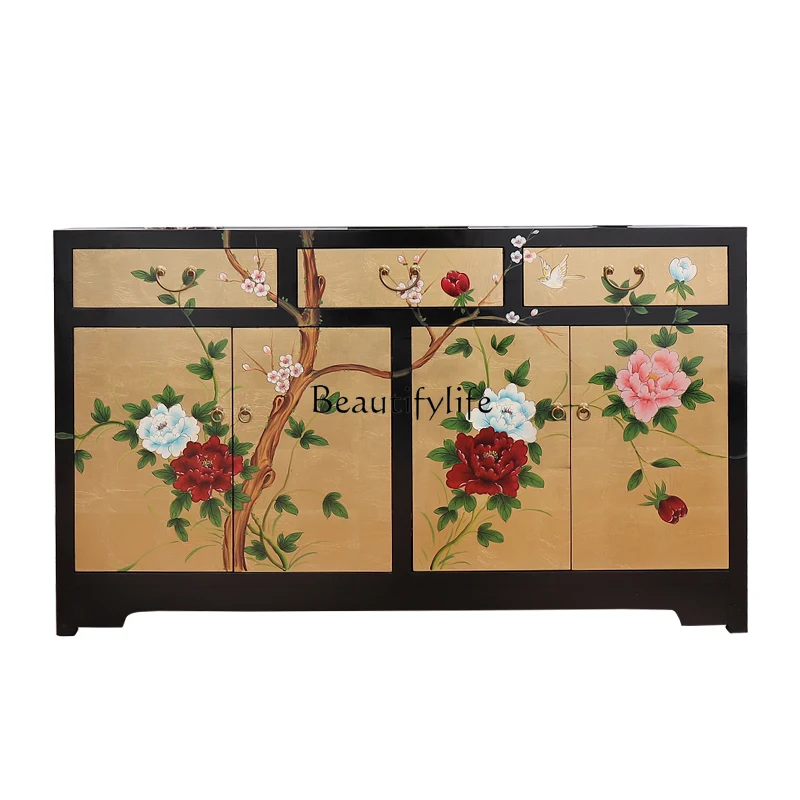 New Chinese-style entrance gold foil painted side cabinet multi-purpose decorative wall solid wood locker