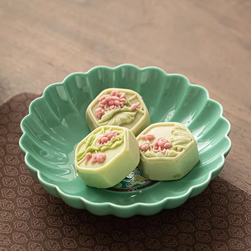 Turquoise Green Enamel Lotus Ceramic Plate Chinese Multi Use Snack Dried Fruit Bowl Pot Mat Serving Tray Home Table Decor Gift
