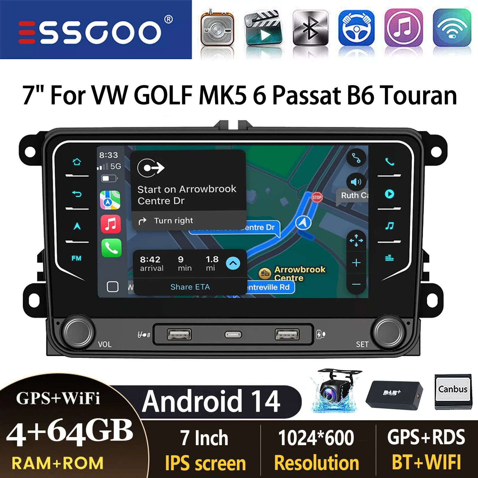 Autoradio ESSGOO Android 14 7 Zoll 64G für VW Golf 5/6 Passat Polo 6R Touran Tiguan Caddy EOS Jetta Seat Skoda Drahtloses CarPlay Android Auto KI-Steuerung GPS Navigation WIFI FM Bluetooth USB RDS