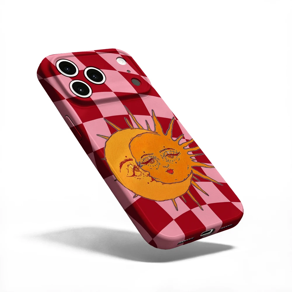 Sun Moon Checkers Phone Case For iPhone 17 16 15 14 13 12 11 Pro Max Air 16e 7 8 Plus XS Max X XR Hard PC Bumper Cover