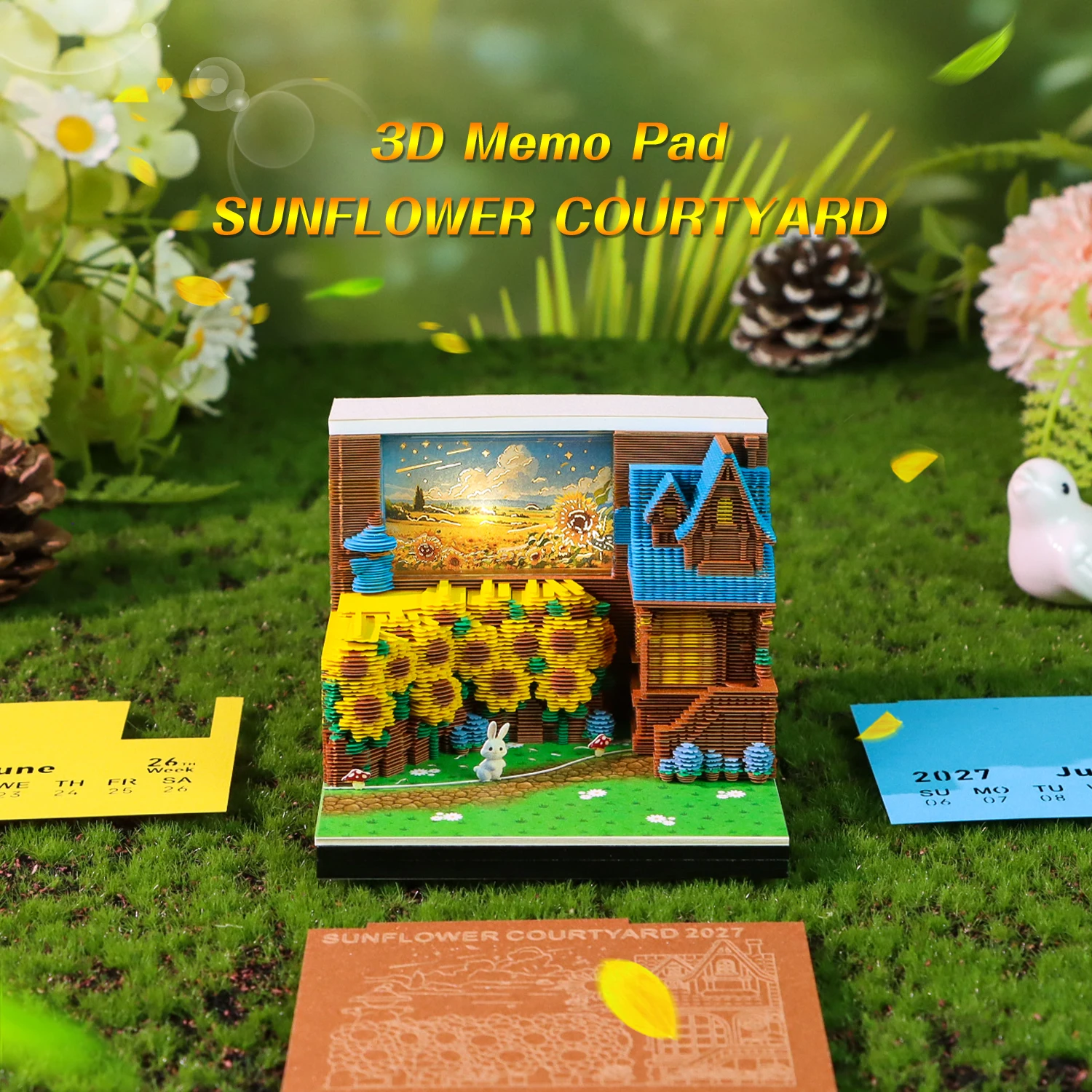 Sunflower Themed 3D Memo Pad With LED Light & Calendar, Tear Off Paper Carving Sticky Notes For Desk Decor Creative Gift