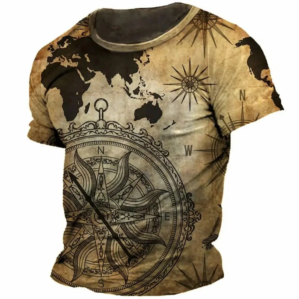 

Vintage Short Sleeve Men's T Shirts Mariner's Compass Map 3d Print Tshirt Man Retro Oversized Ployester Shirt Casual Unisex Tops