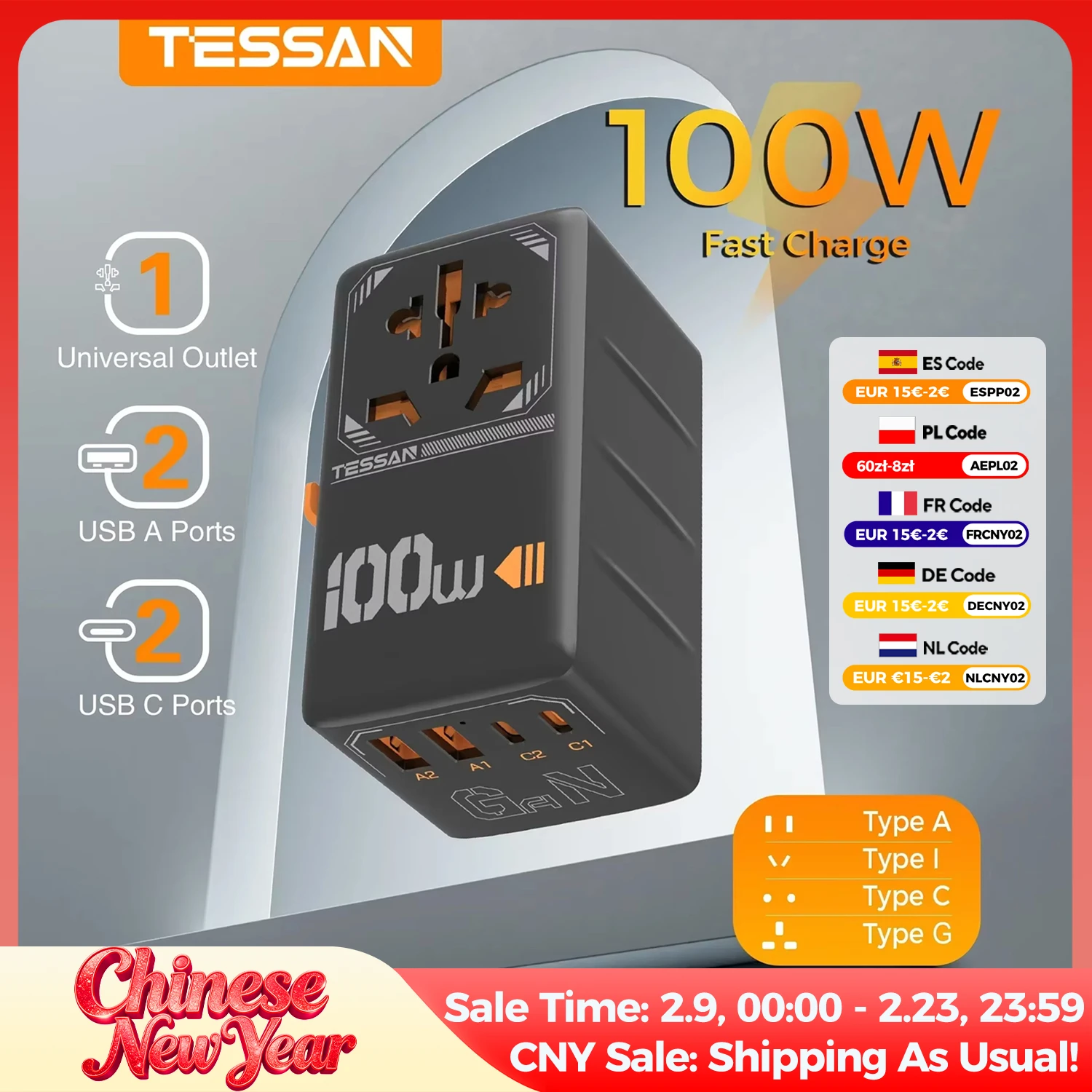TESSAN – adaptateur de voyage universel GaN 100W, avec USB et Type C, charge rapide, prise International, prise EU/UK/US/AUS pour voyage, multiprise chargeur rapide adaptateur