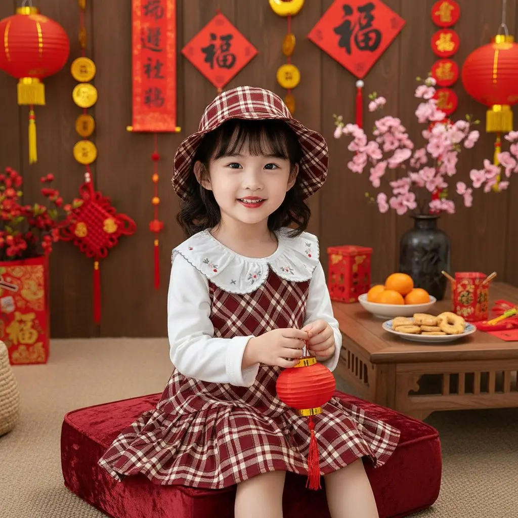 2026 Spring/Autumn New Girl's Baby Sleeveless Red Checkered Skirt Comes with Hat, Girl's Skirt, New Year's Greetings Dress