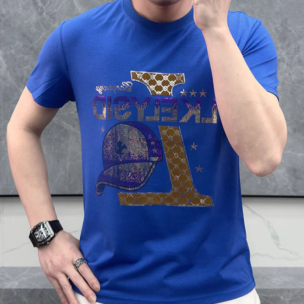 2025 Summer New Fashionable Hot Diamond Short Sleeve Men's Silk Cotton Short Sleeve Breathable Tee Shirt Homme Multicolour
