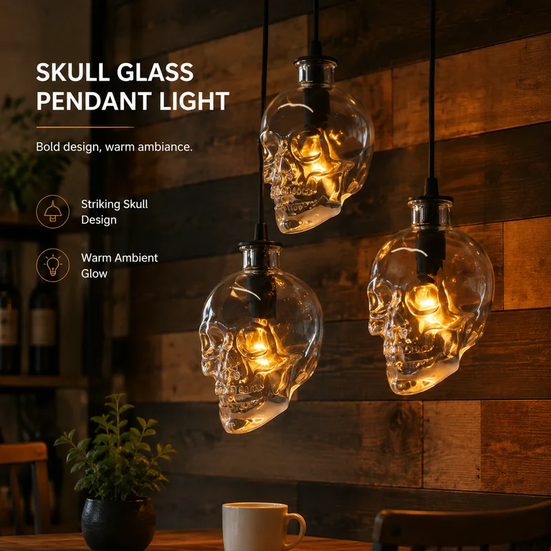 Skull Pendant Light, Vintage Glass Bottle Chandelier with Warm LED Glow in Loft Bar Decor - Gothic Ceiling Fixture for Cafe Uses