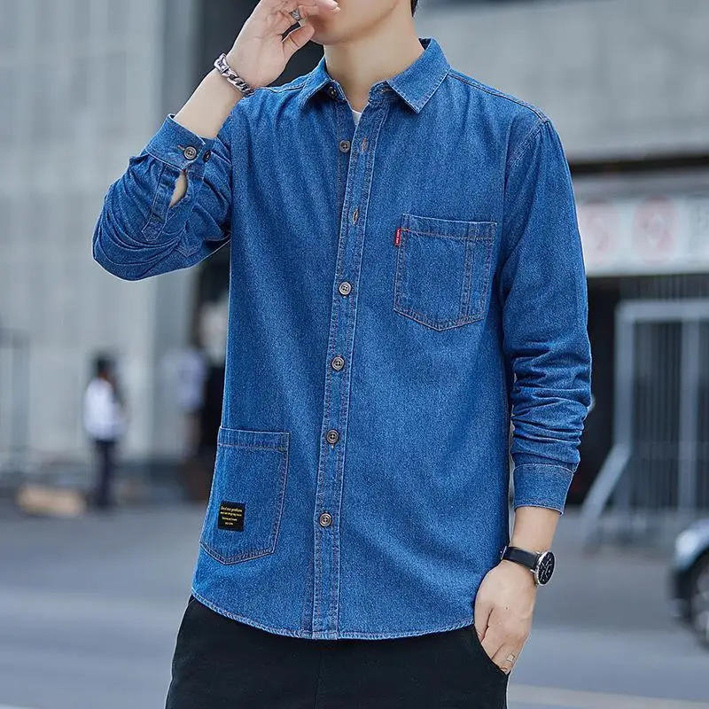 Korean Style Loose Men\'s Cotton Denim Shirt 2023 Spring Autumn Casual All-match Long-sleeved Thin Jean Jacket Classic Brand Tops