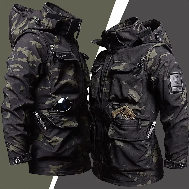 Homens militares de tubarão pele macia casaco com capuz, conjuntos táticos de inverno, calças à prova de vento, ternos de lã quente, 2 pcs