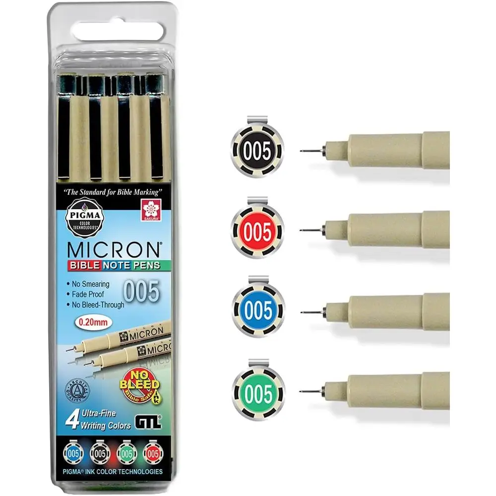 

Ultra Fine Point Bible Note Pen Set - Non-Bleed, Smear-Free Pigmented Ink - Black, Blue, Green, Red (4 Pack) - New Packaging