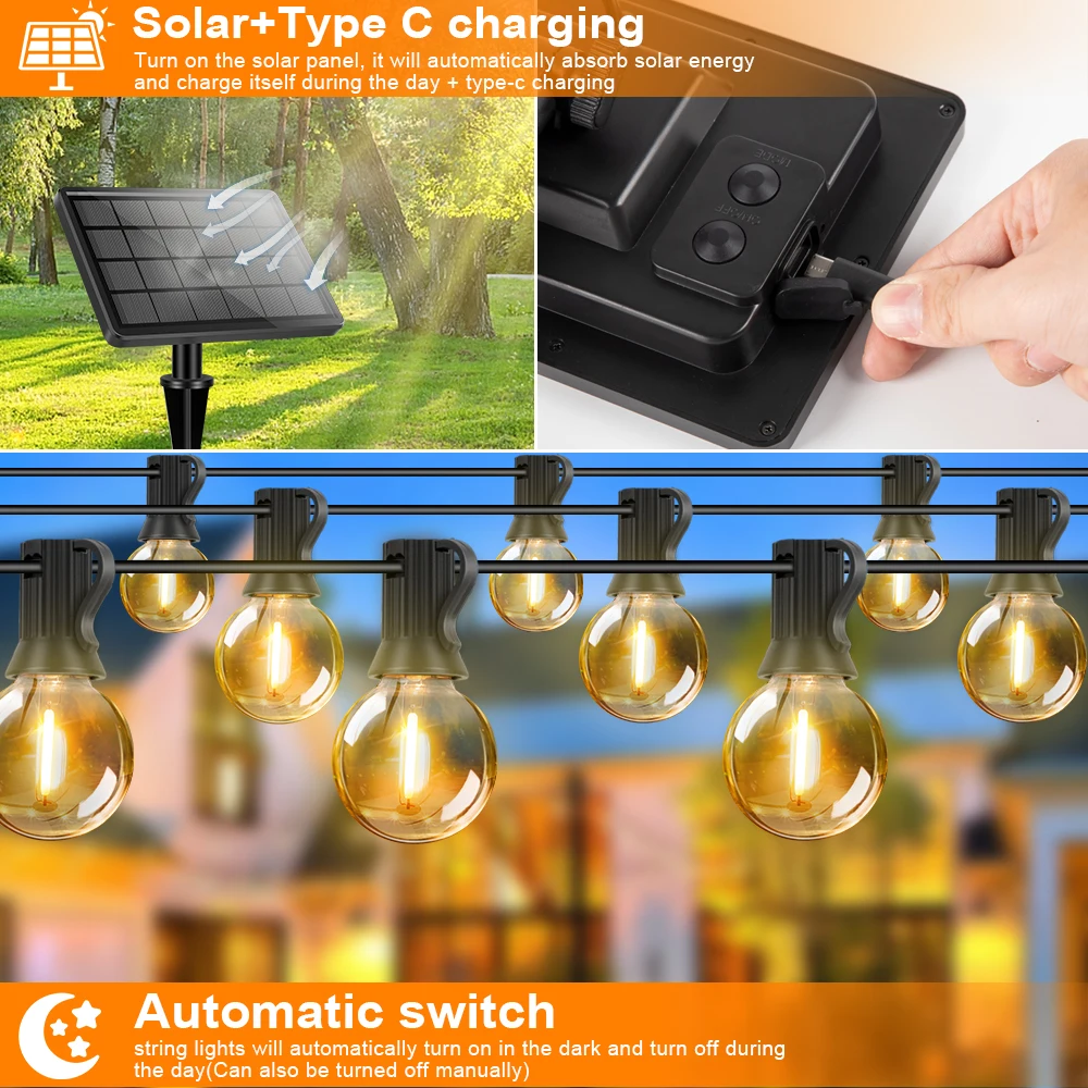 G40 Solar String Lights Globe Outdoor Patio Light E12 DC 3V Shatterproof LED Bulbs Solar Powered Hanging Lights for Garden Porch