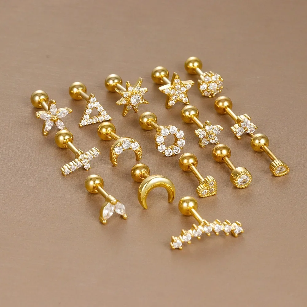 Classic Fashion Stainless Steel Moon Stars Hearts Flower Zircon Round Ball Screw Stud Earrings for Women Hip-hop Jewelry Gifts