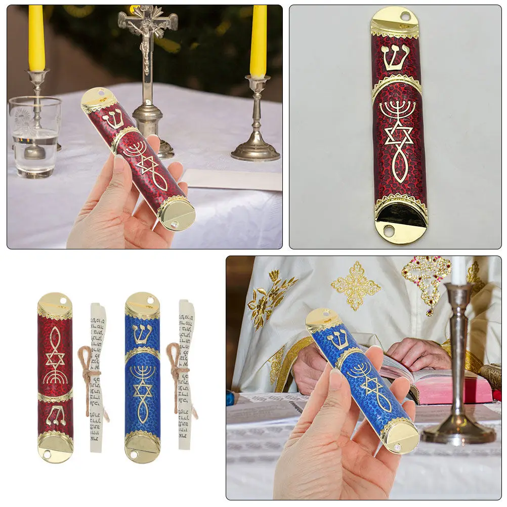 2 Piezas Mezuzá para Puerta, Decoración Judía, Artesanía Metálica, Caja Pintada de Colores, Pergamino Kosher, Mezuzá de Oración, Bendición Artística, Hanukkah