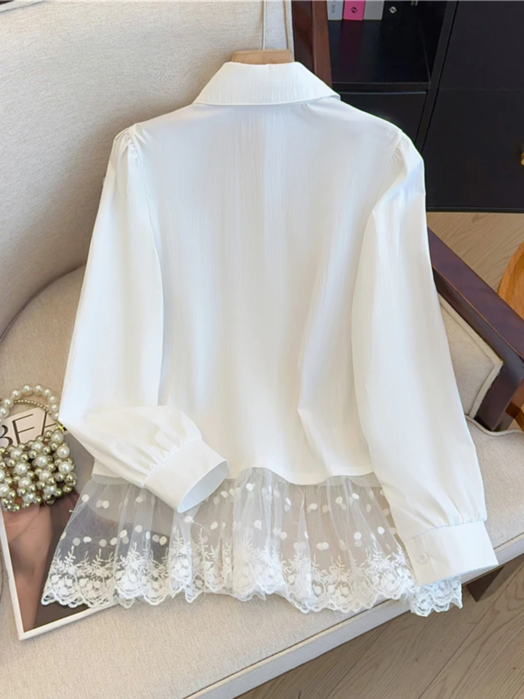 Chemises et chemisiers blancs en dentelle Patchwork pour femmes, Y2k des années 90, Vintage coréen Harajuku des années 2000, chemise élégante à manches longues, vêtements poubelle