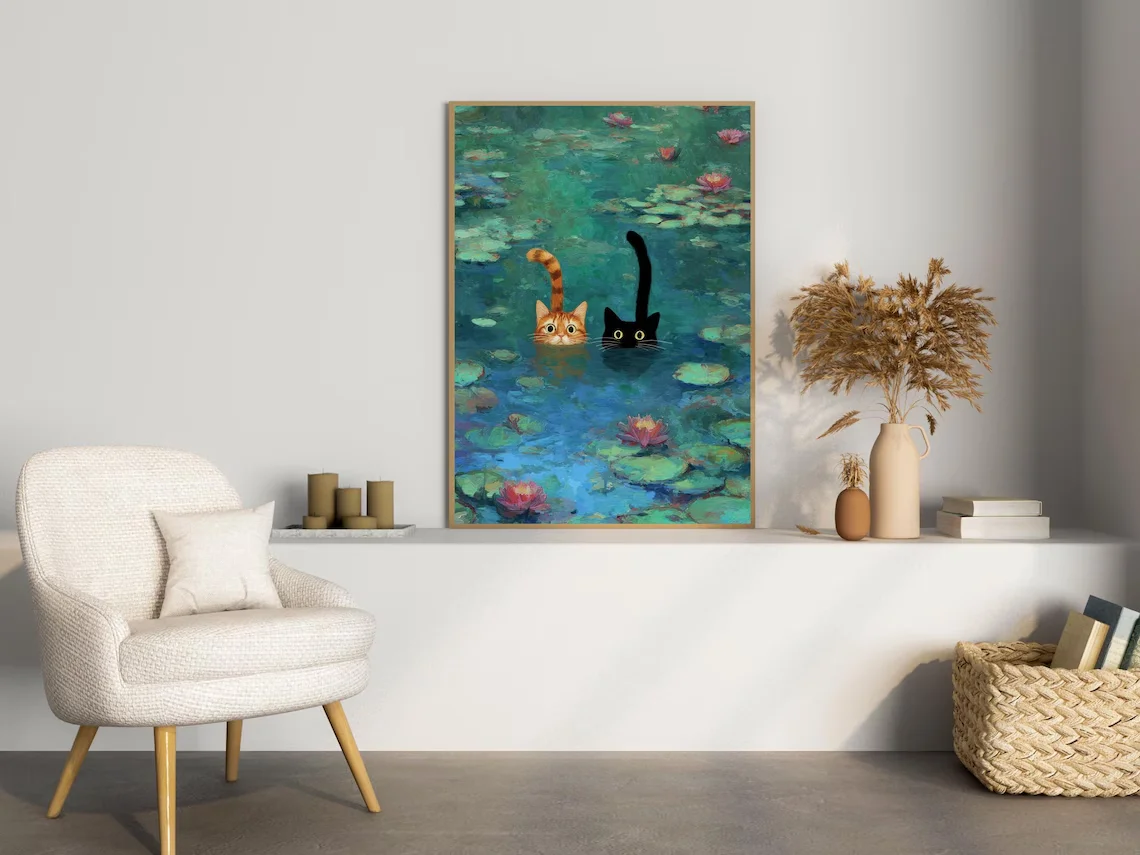 Whimsical Impressionist Cat Pond Wall Art - Delightful Art Print Merging Classic Monet Water Lilies with Cute Cartoon Cats, Capt