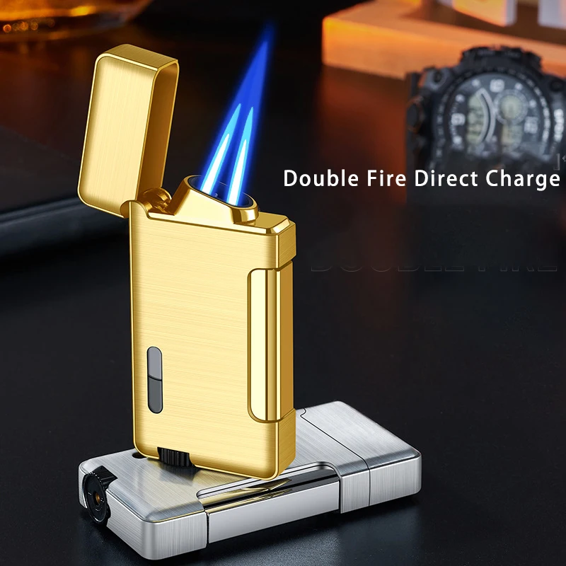 Side pressure direct charging high-end metal visible gas window windproof blue flame personalized creative cigarette lighter