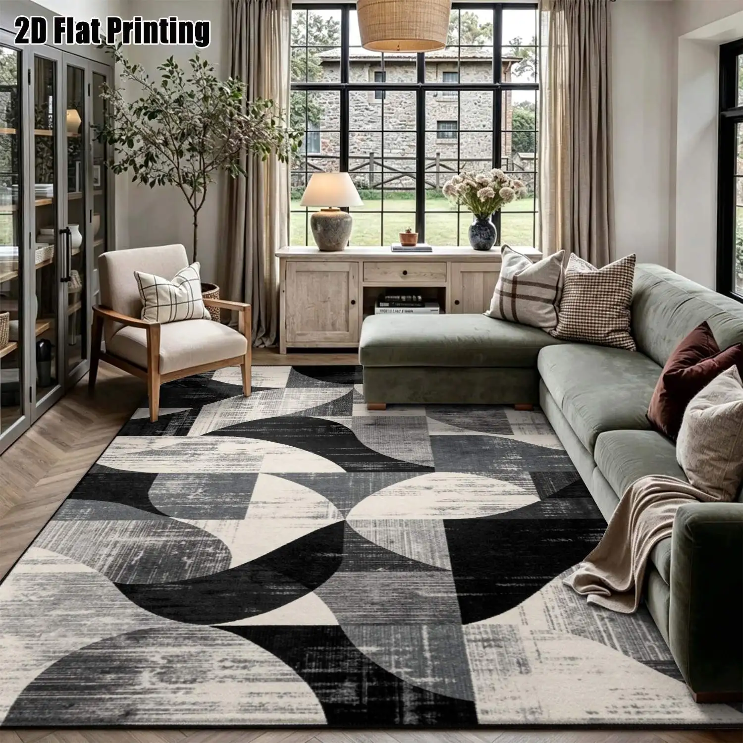 1Pc 2D Printed Carpet: Black, White, Gray Abstract Geometric Patterns Nordic, Modern Minimalist, Instagram, Vintage Geometric Striped Floor Mat, Home Decor, Multi-Size, Machine Washable. For Living Room, Bedroom, Dining Room, Entrance, Study.